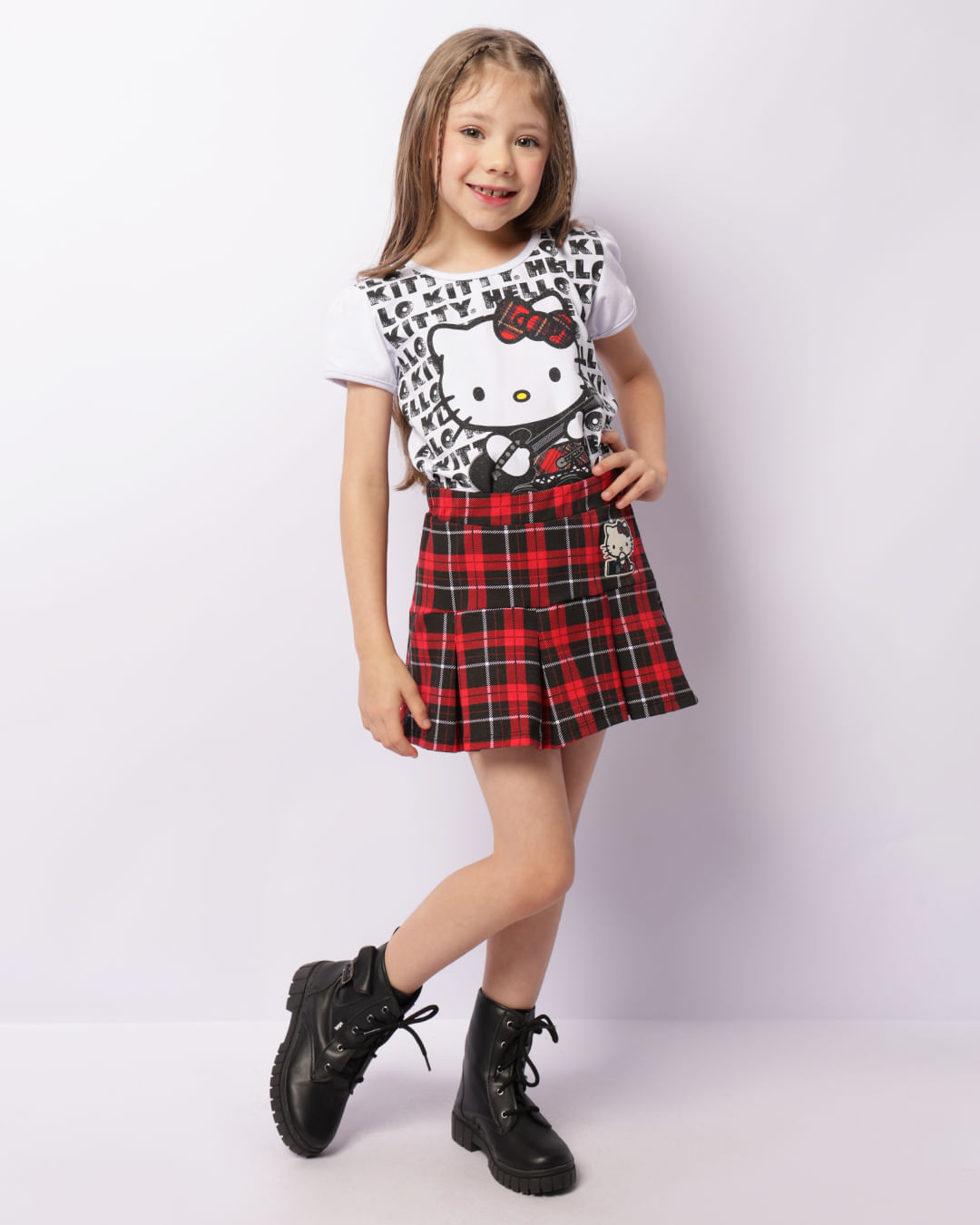 Saia Infantil Curta Hello Kitty Xadrez Vermelho