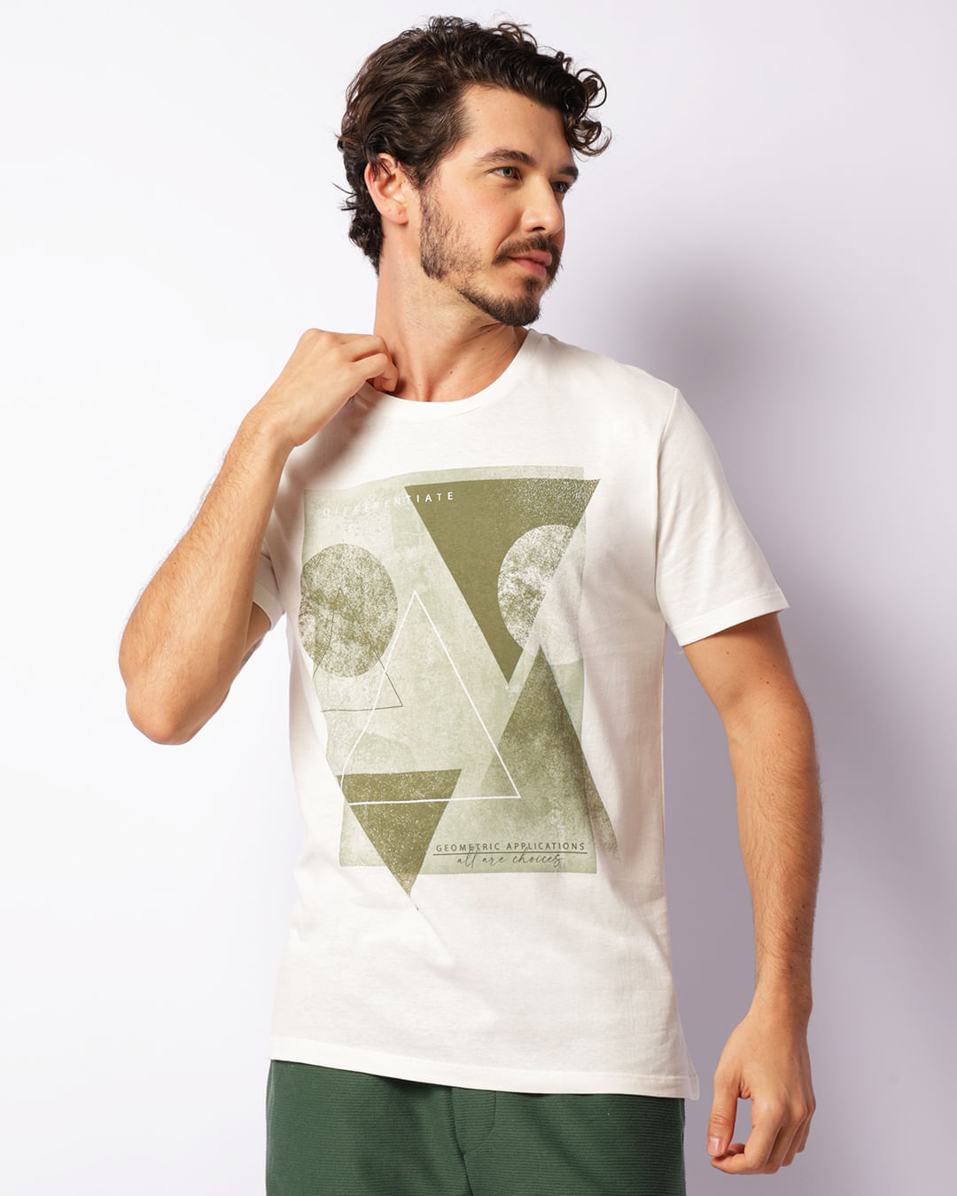 Camiseta Masculina Estampa Geométrica Manga Curta Off White