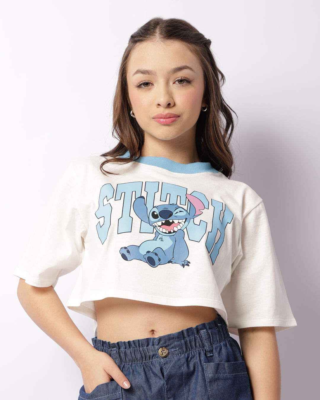 Camiseta Juvenil Cropped Disney Stitch Manga Curta Branca