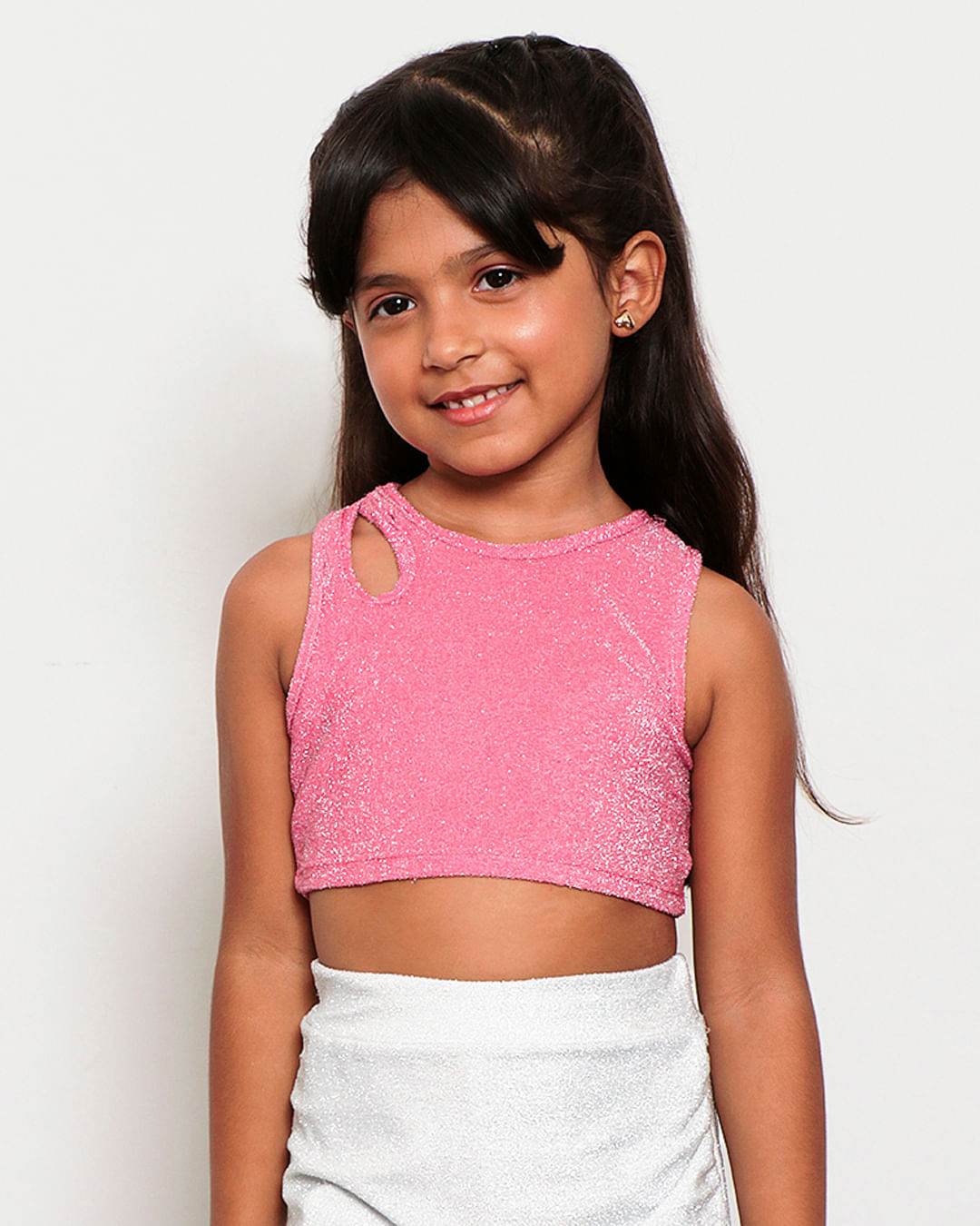 Regata Infantil Cropped Lurex Com Recorte Vazado Rosa Escuro