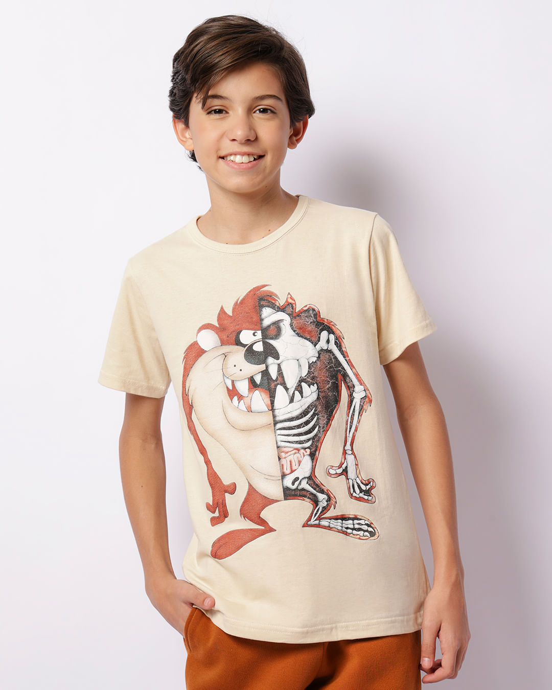 Camiseta Juvenil Manga Curta Looney Tunes Taz Bege