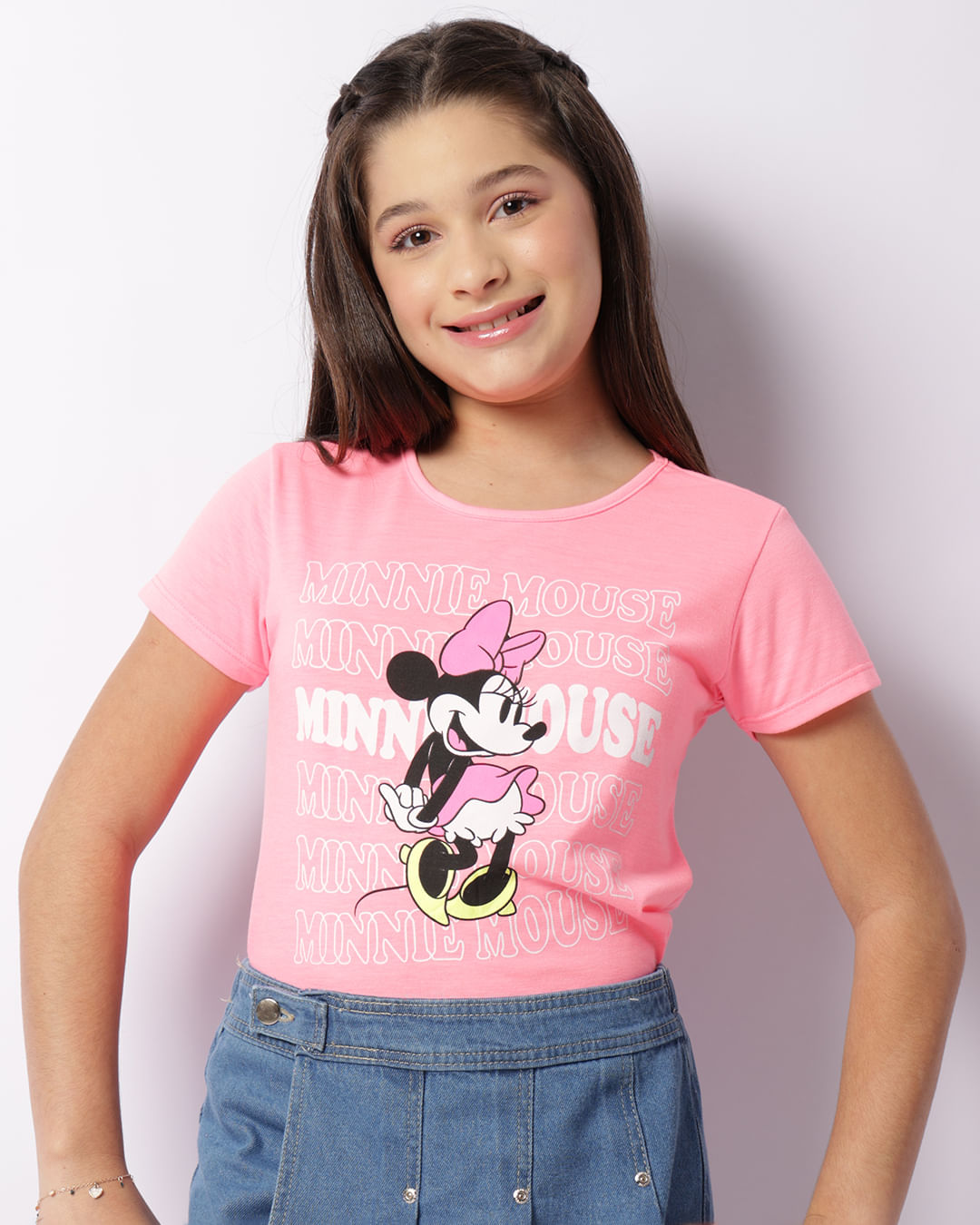 Camiseta Juvenil Minnie Mouse Curta Neon Rosa