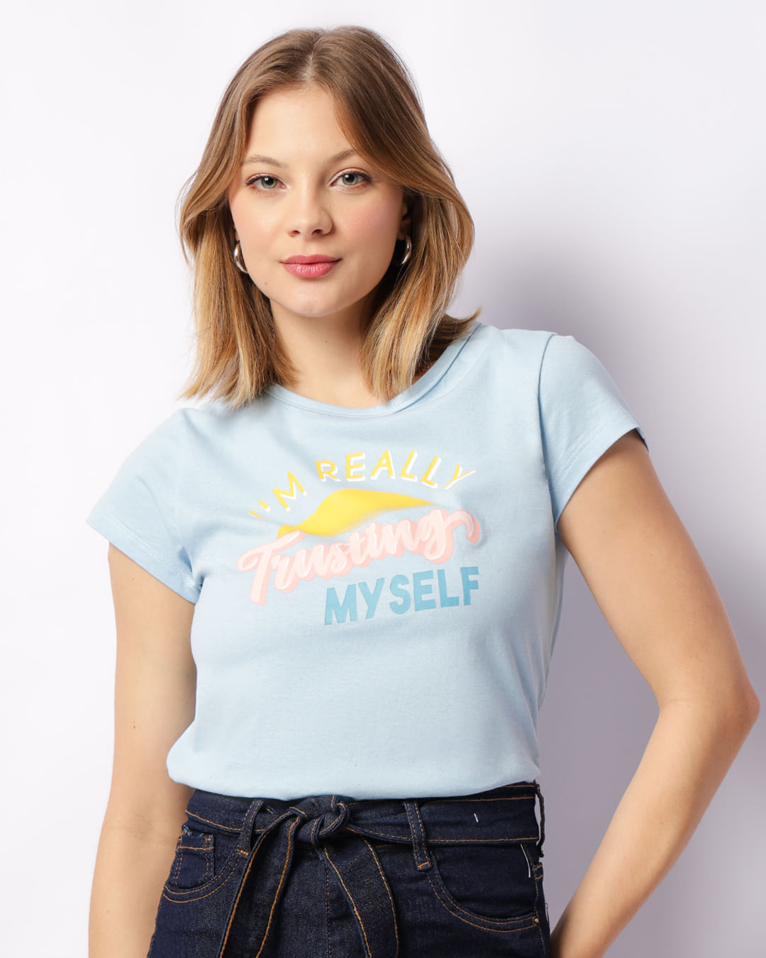 Blusa Feminina Manga Curta Estampa Im Really Azul