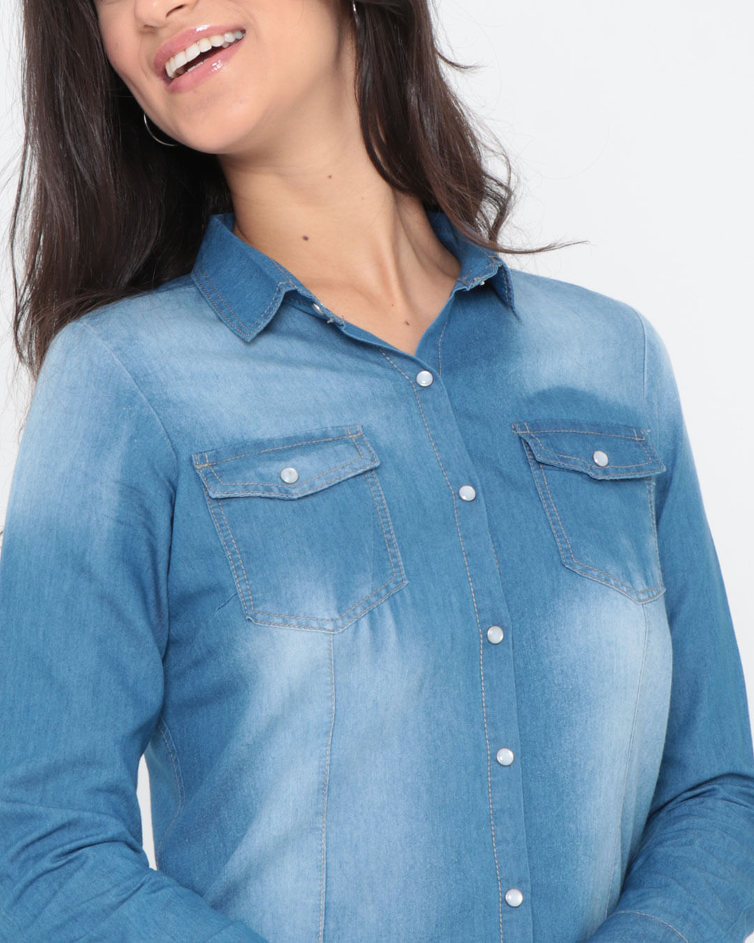 Camisa-Jeans-Feminina-Bolsos-Azul