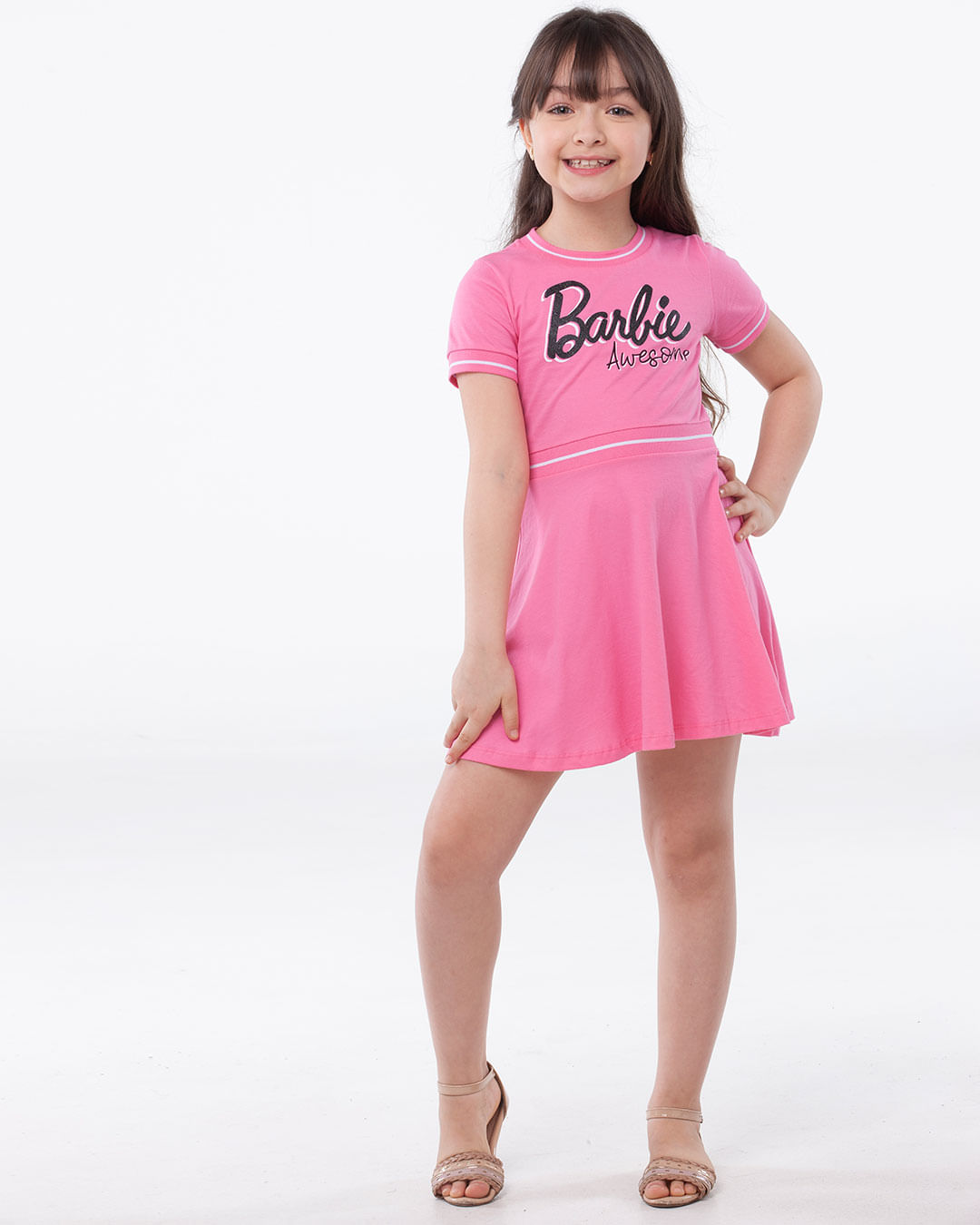 Vestido-Infantil-Manga-Curta-Barbie-Rosa