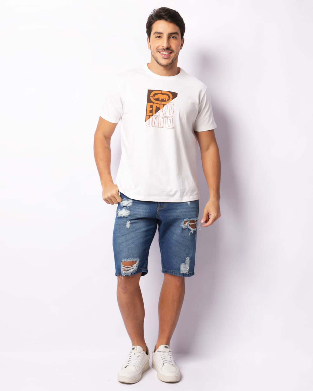 Bermuda Jeans Masculina Reta Com Destroyed Azul