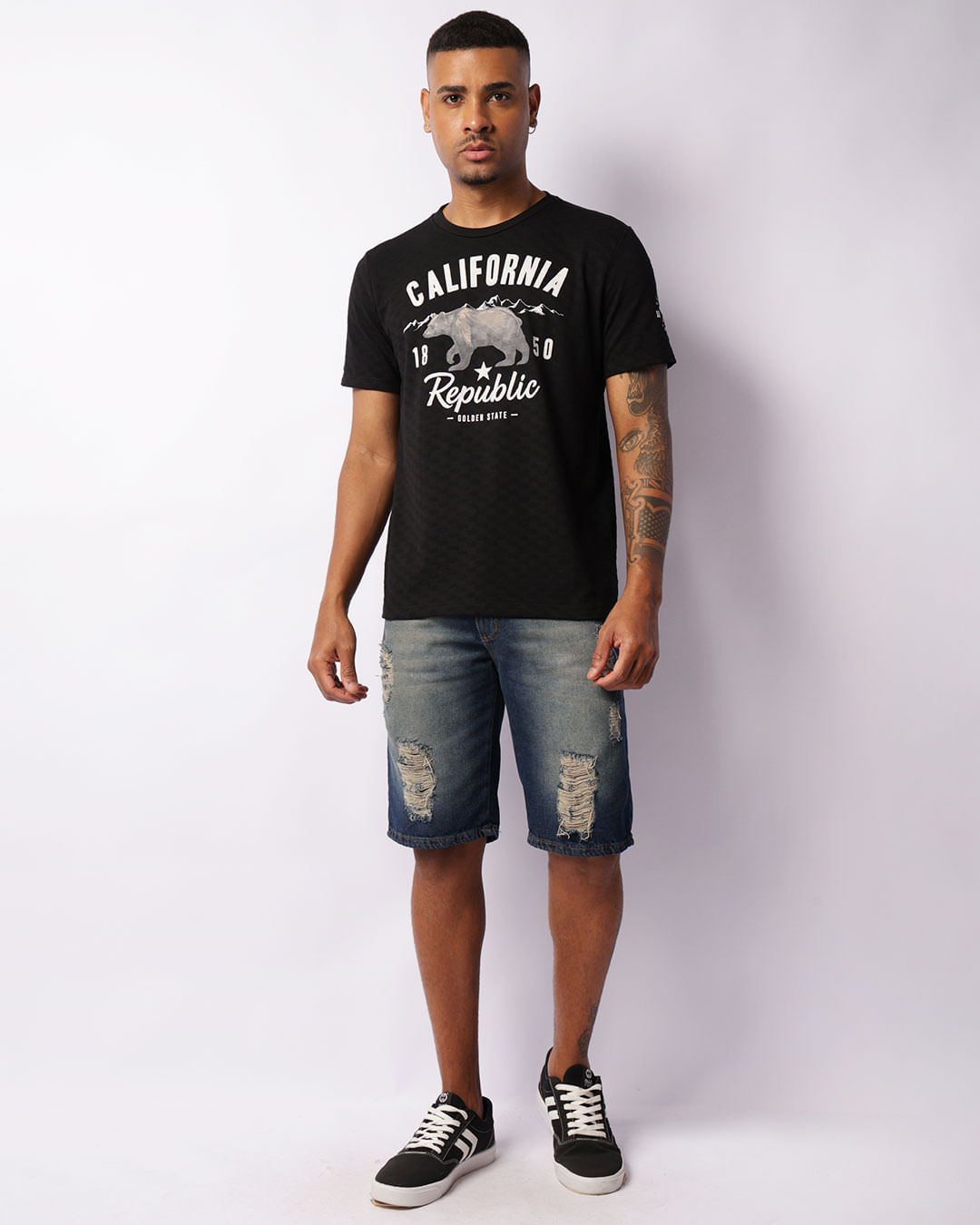 Bermuda Jeans Masculina Reta Com Destroyed Azul