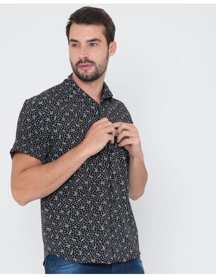 Camisa-Masculina-Manga-Curta-Floral-Preta