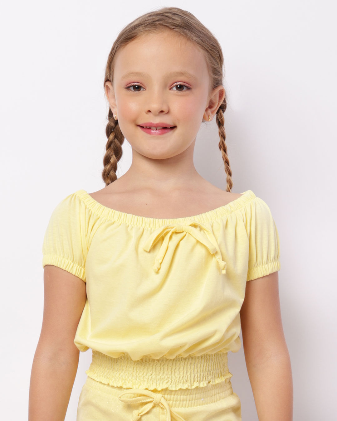 Blusa Infantil Cropped Ciganinha Lastex Manga Curta Amarela