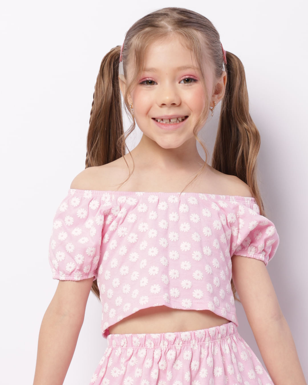 Blusa Infantil Cropped Ciganinha Manga Curta Estampada Rosa