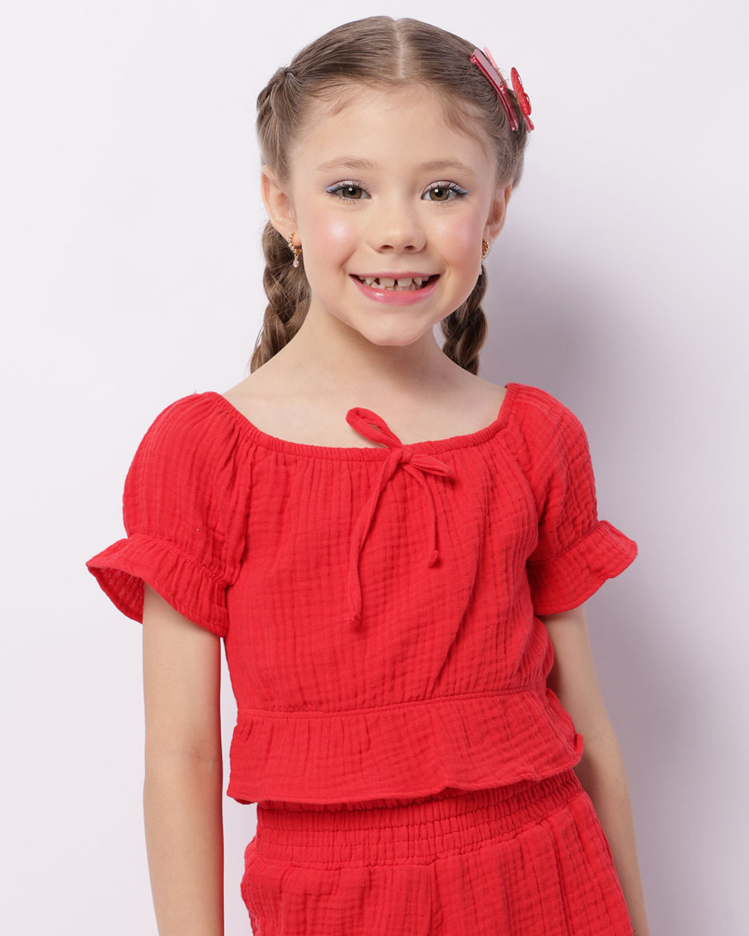 Blusa Infantil Cropped Ciganinha Algodão Gaze Vermelha