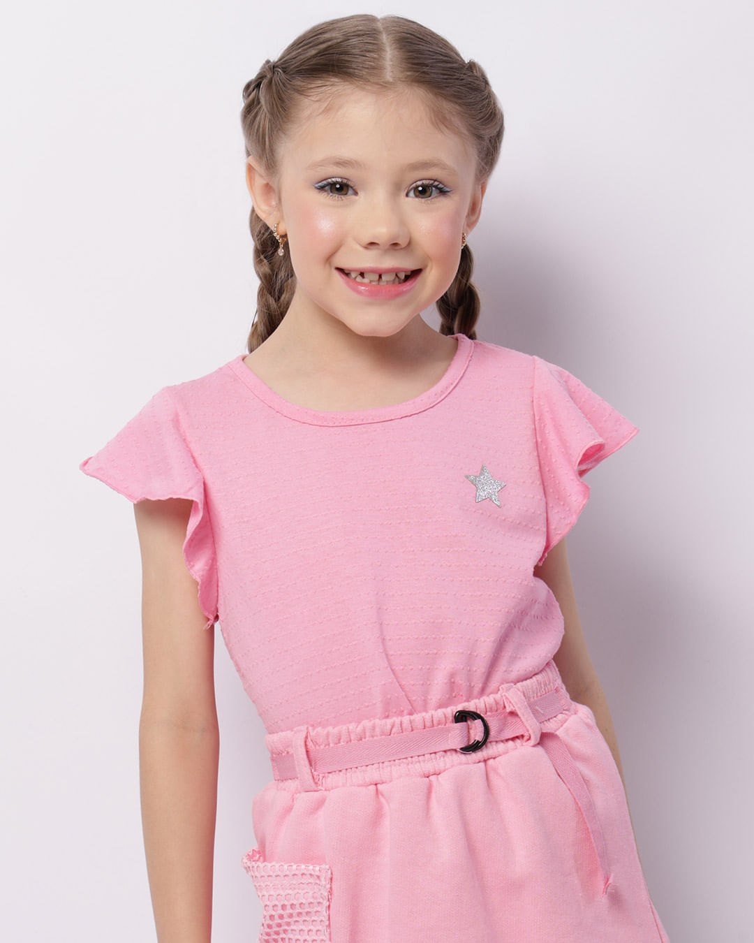 Blusa Infantil Manga Curta Texturizada Rosa