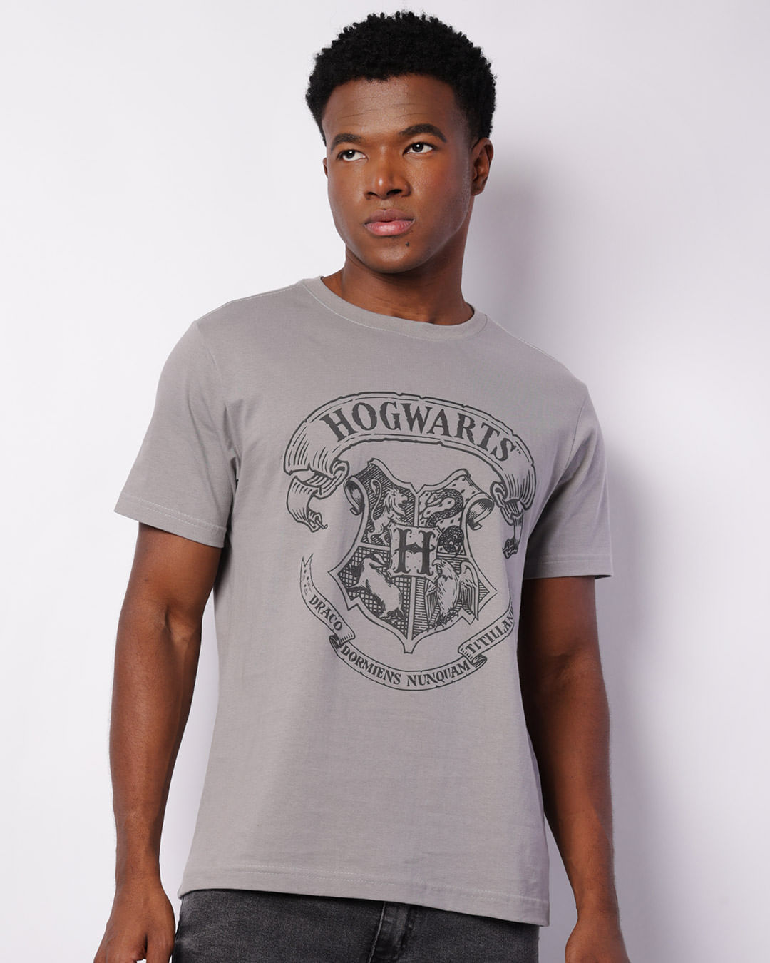 Camiseta Masculina Manga Curta Harry Potter Hogwarts Cinza