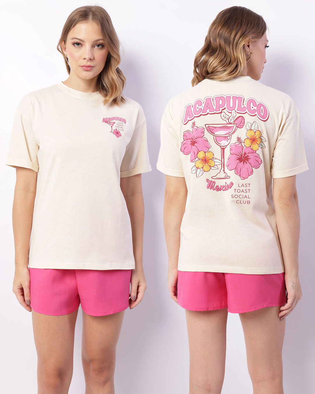 Camiseta Feminina Estampa Frente E Verso Manga Curta Bege