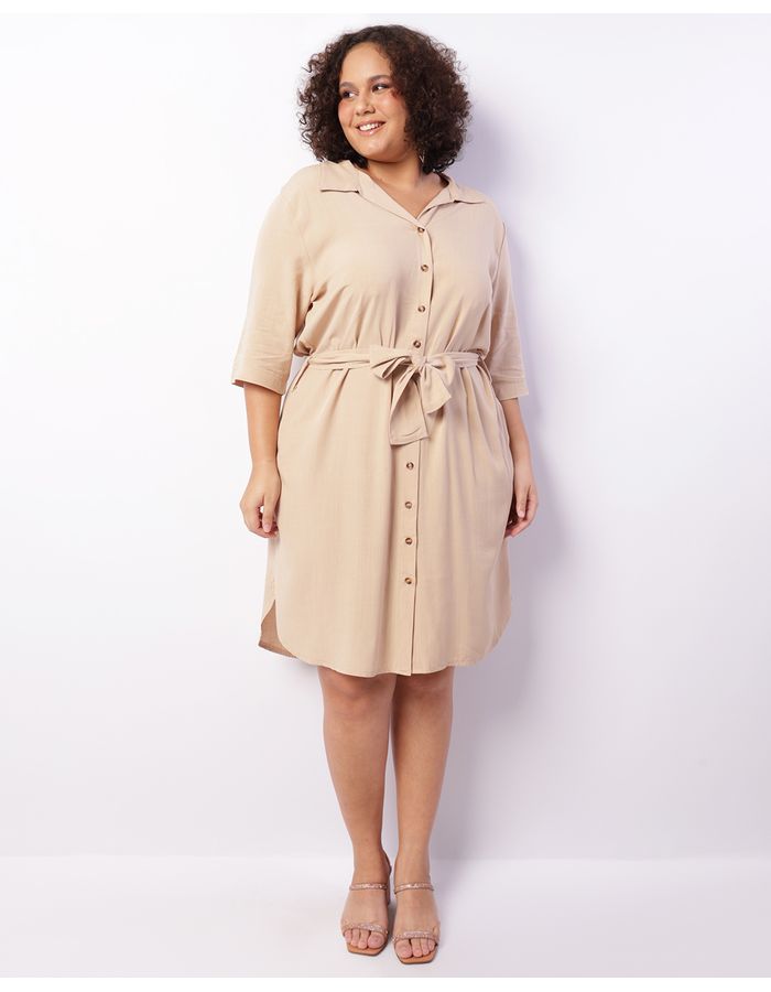 Chemise-Plus-Size-Feminino-Botoes-Com-Faixa-De-Amarracao-Bege