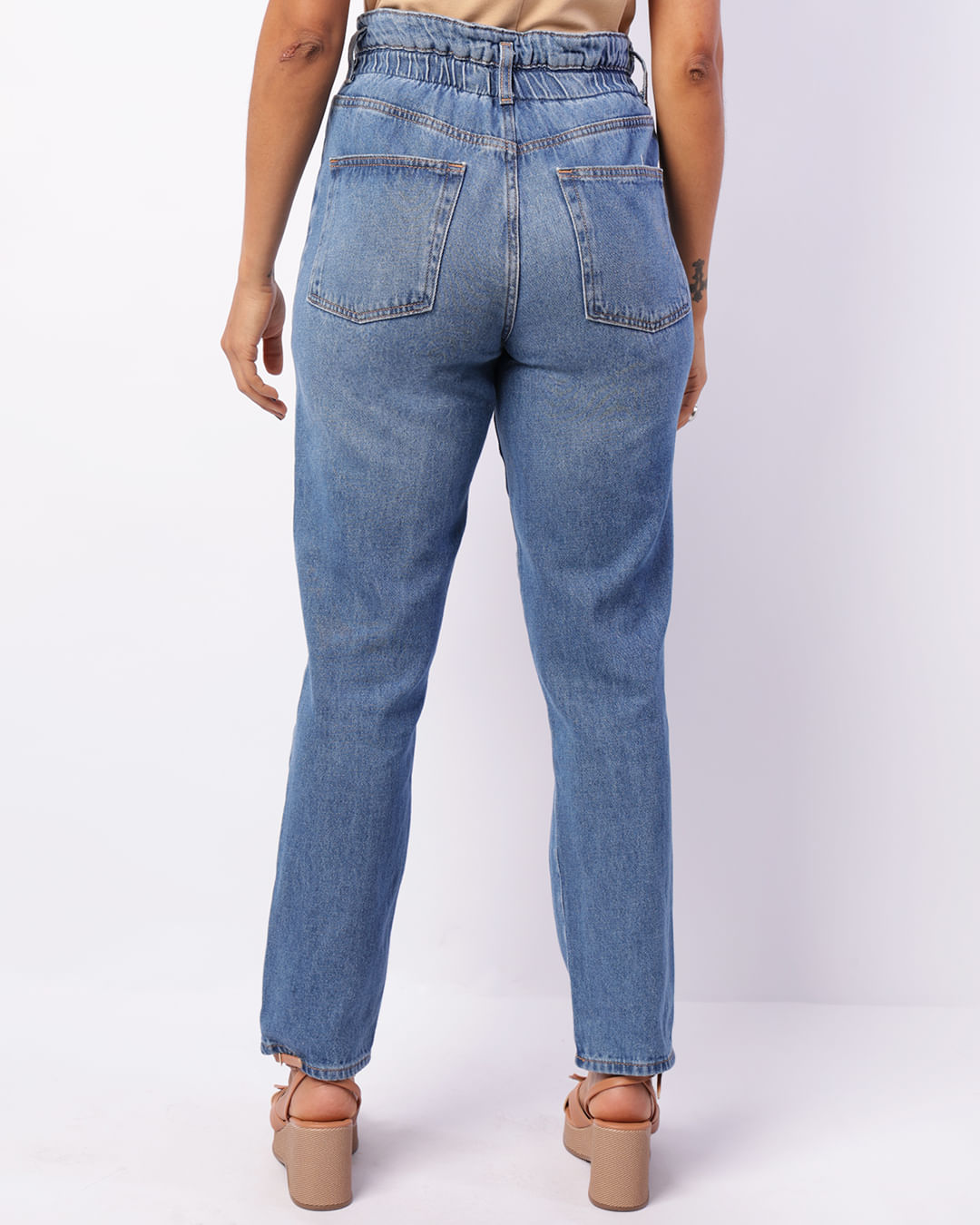 Calça Jeans Feminina Paper Bag Elástico Azul -1734356505723