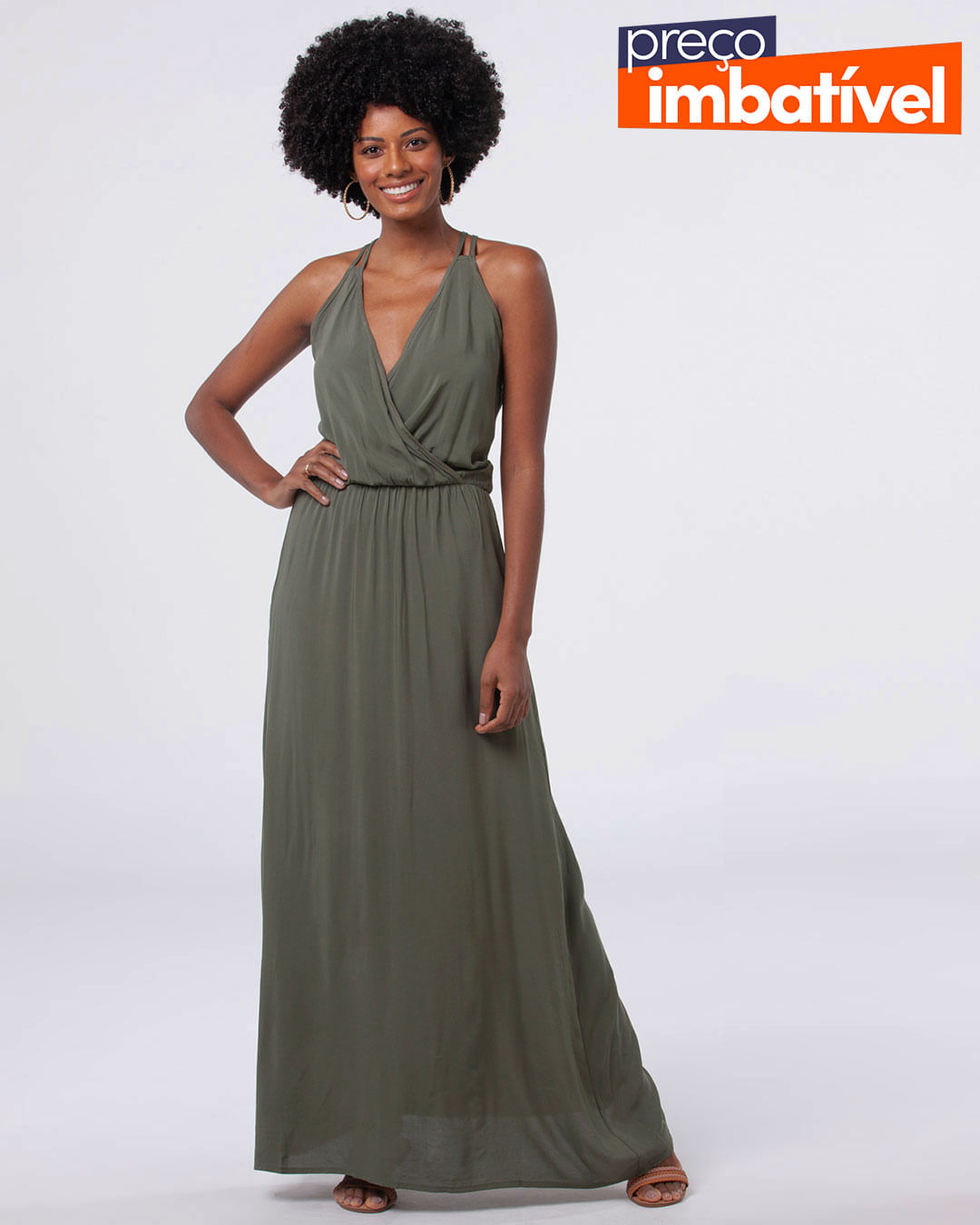 Vestido-Feminino-Longo-Liso-Decote-V-Verde-Musgo