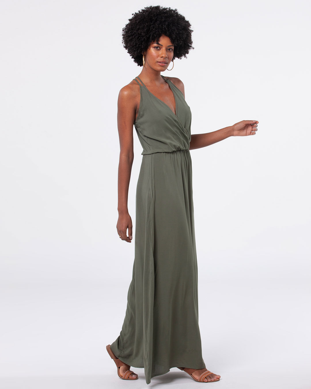 Vestido-Feminino-Longo-Liso-Decote-V-Verde-Musgo
