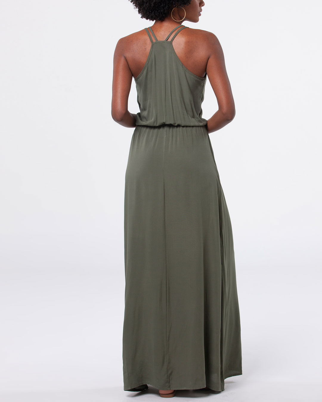 Vestido-Feminino-Longo-Liso-Decote-V-Verde-Musgo