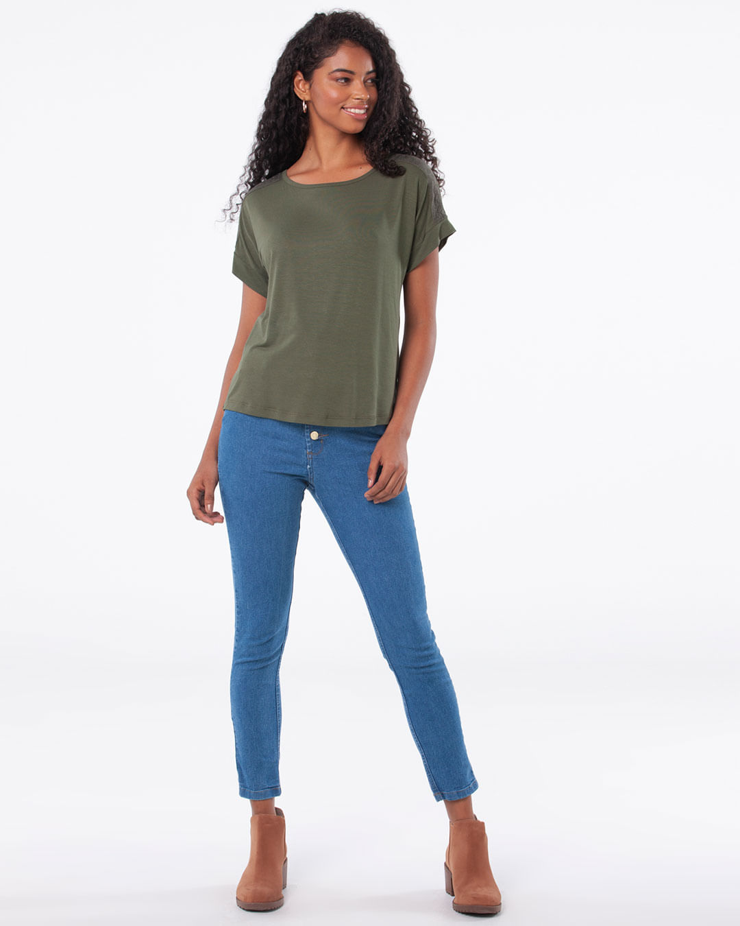 Blusa-Feminina-Manga-Curta-Renda-Verde