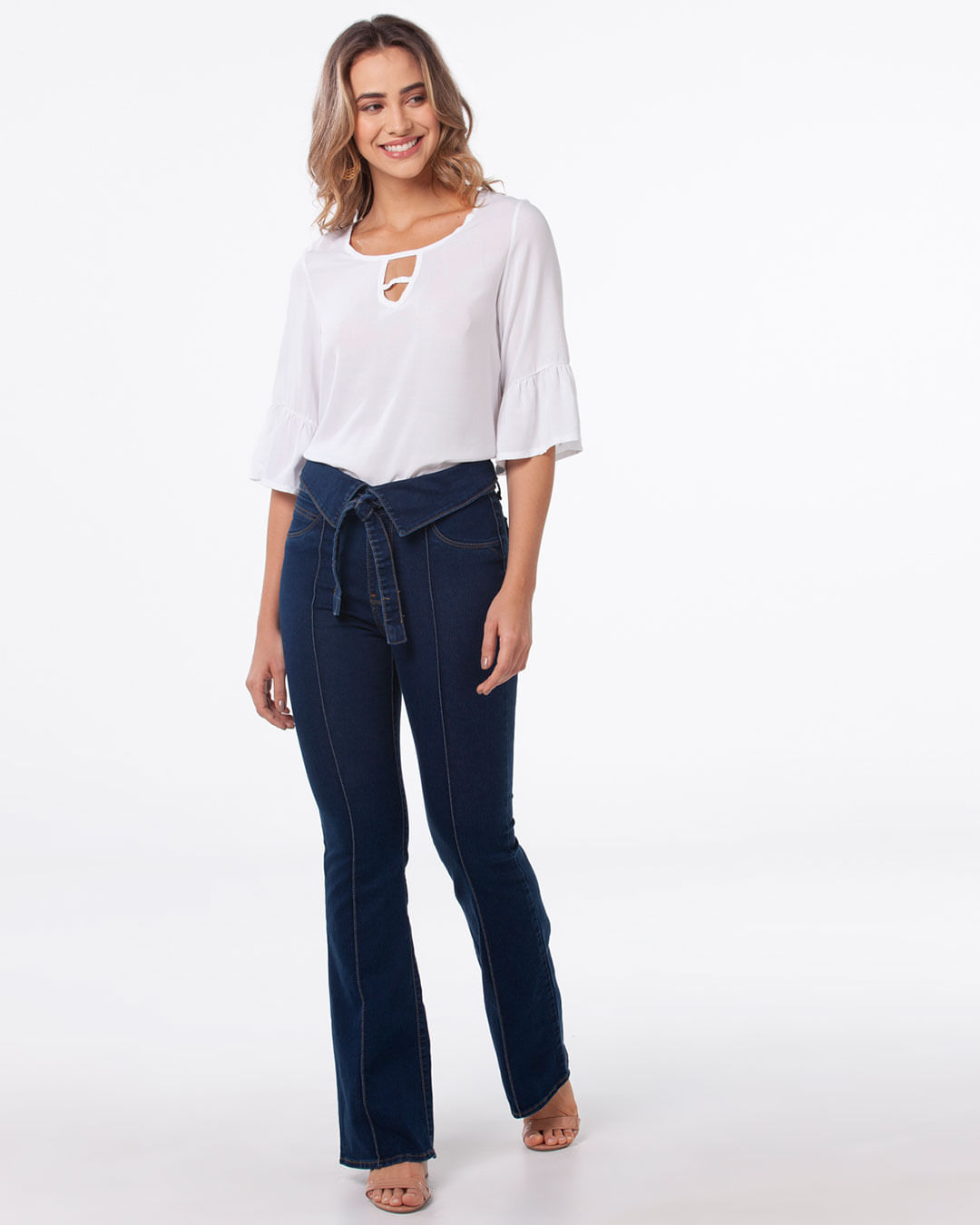 Calca-Jeans-Feminina-Flare-Cos-Dobrado-Azul-Escuro
