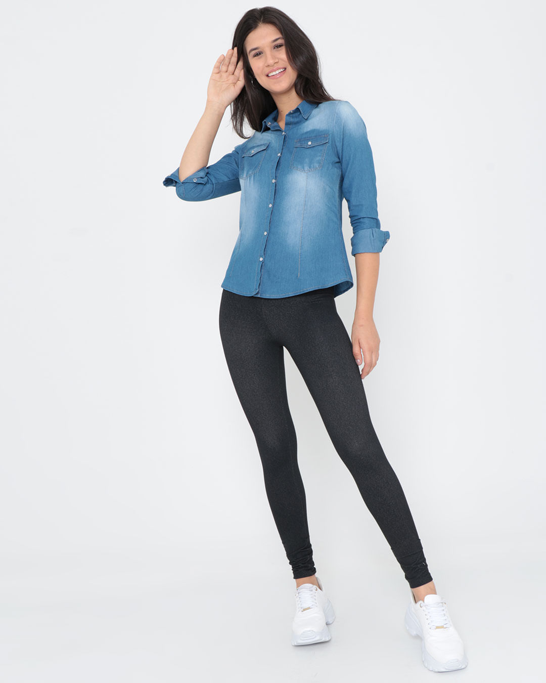Camisa-Jeans-Feminina-Bolsos-Azul