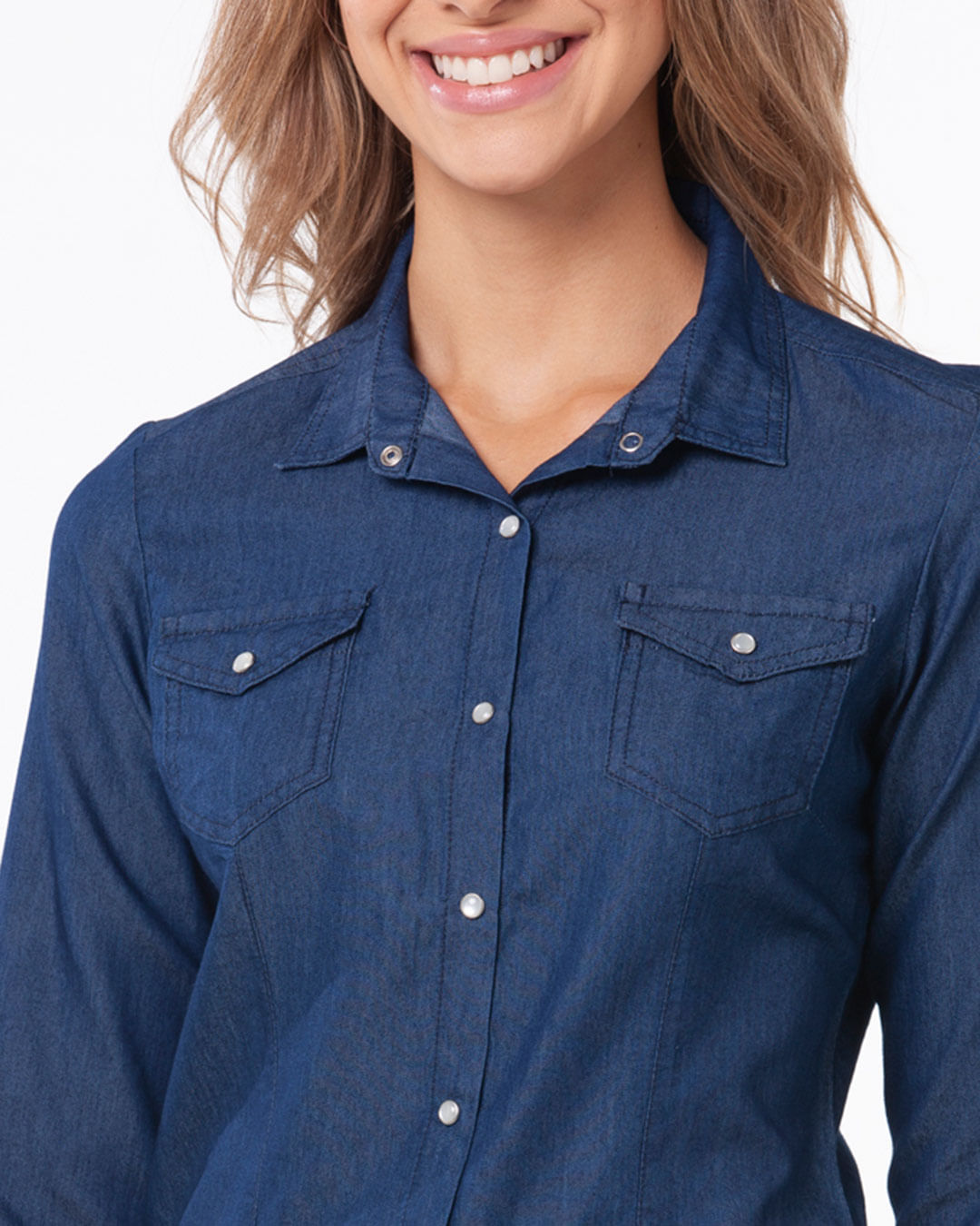 Camisa-Jeans-Feminina-Bolsos-Azul-Escuro
