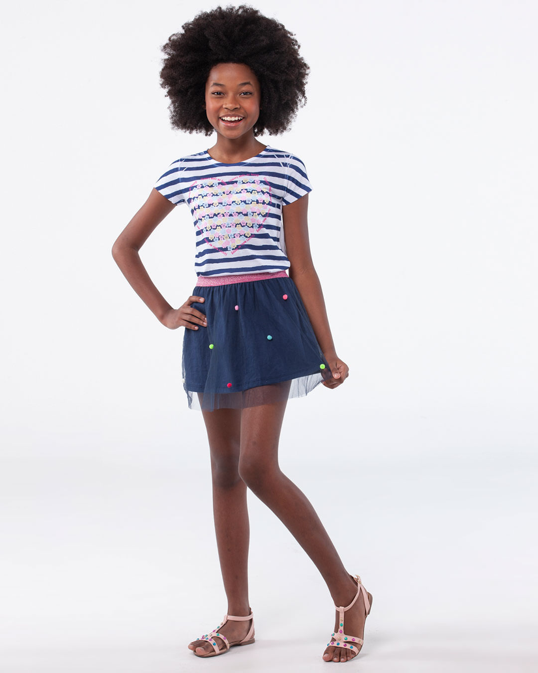 Saia-Infantil-Menina-Tule-Pompom-Lurex-Marinho