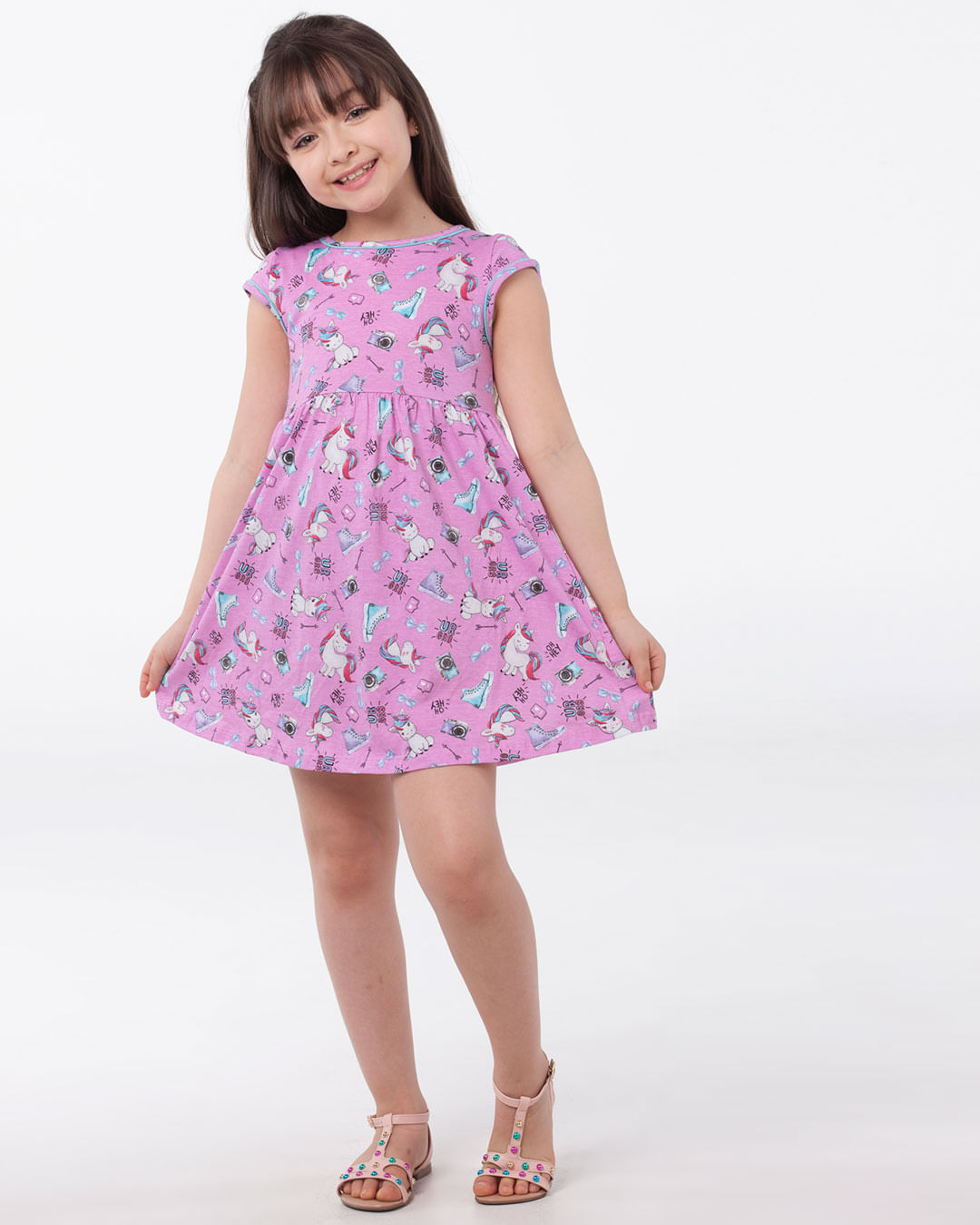 Vestido-Infantil-Manga-Curta-Unicorios-Rosa