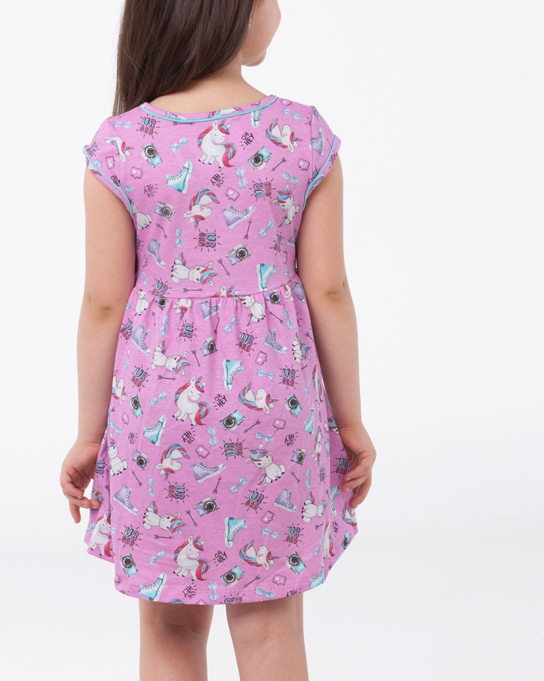 Vestido-Infantil-Manga-Curta-Unicorios-Rosa