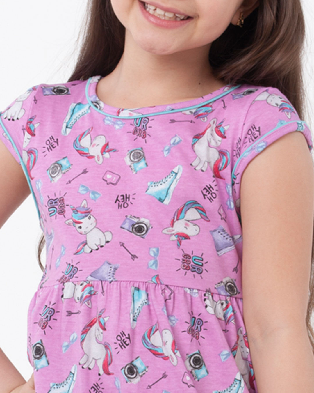 Vestido-Infantil-Manga-Curta-Unicorios-Rosa