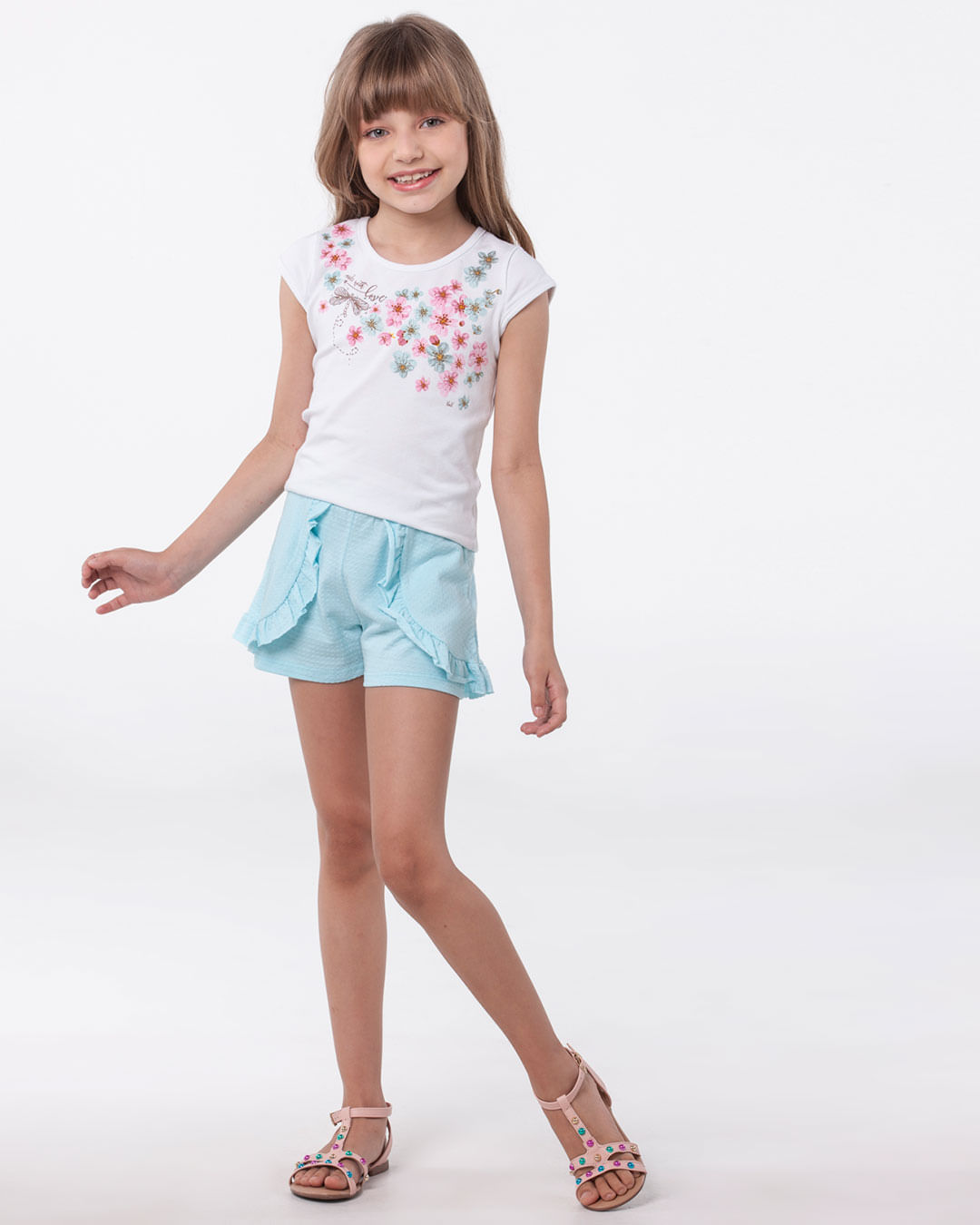 Conjunto-Infantil-Manga-Curta-Floral-Short-Babado-Branco