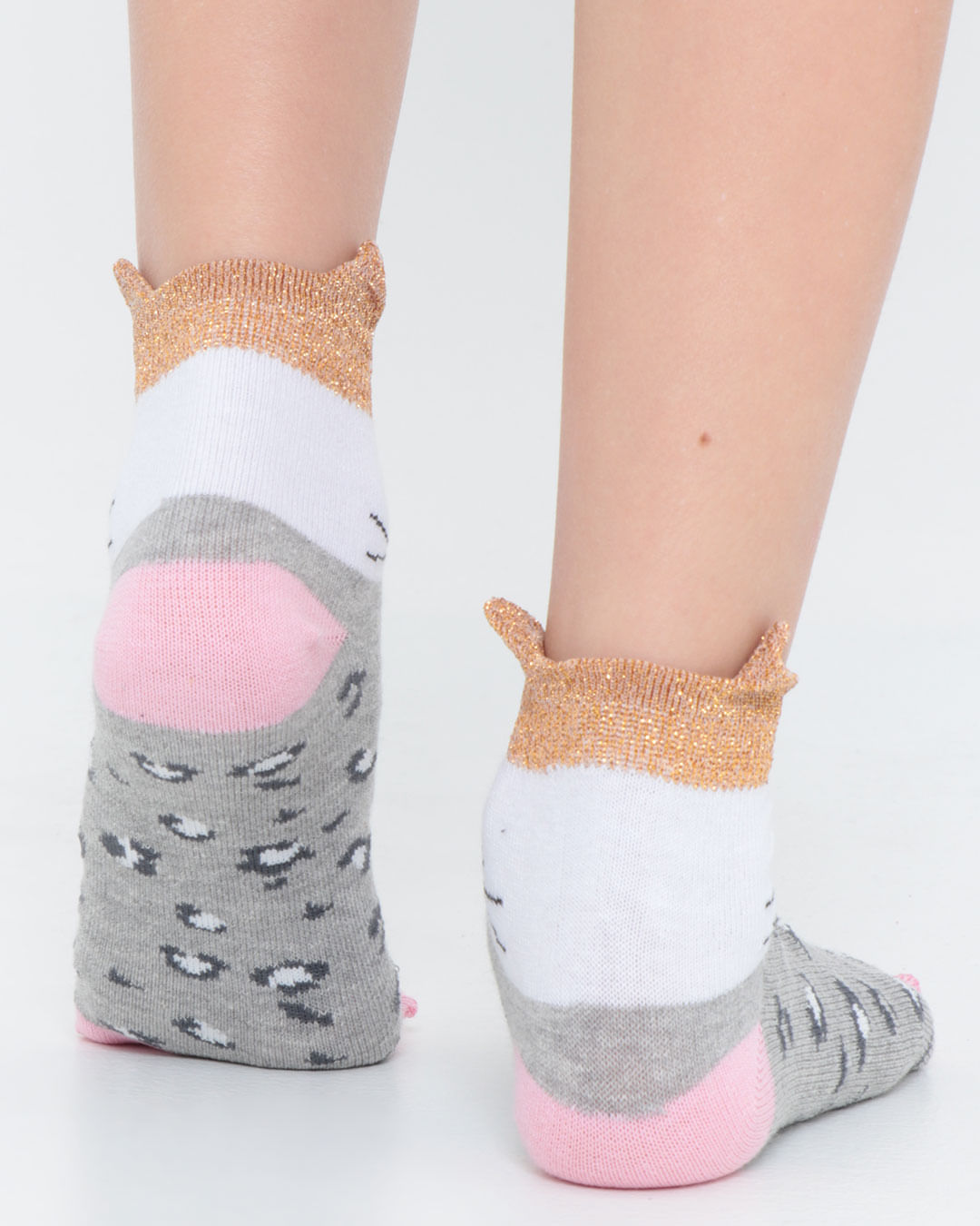 Kit-Meia-Infantil-2-Pares-Cano-Curto-Gatinho-Cinza-Rosa