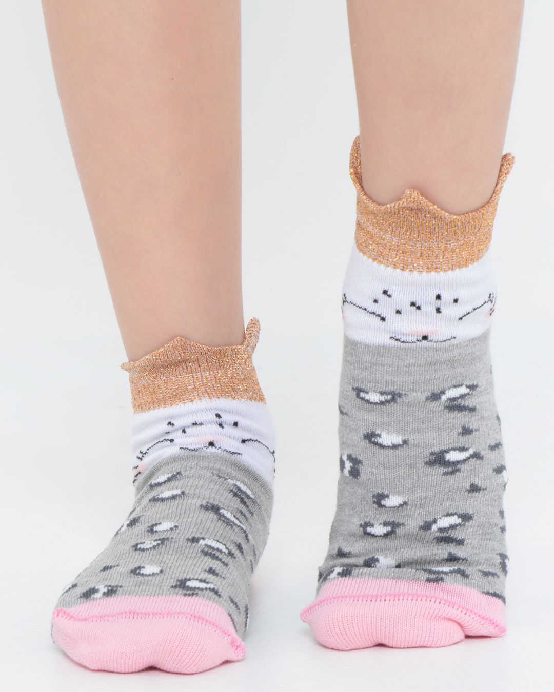 Kit-Meia-Infantil-2-Pares-Cano-Curto-Gatinho-Cinza-Rosa