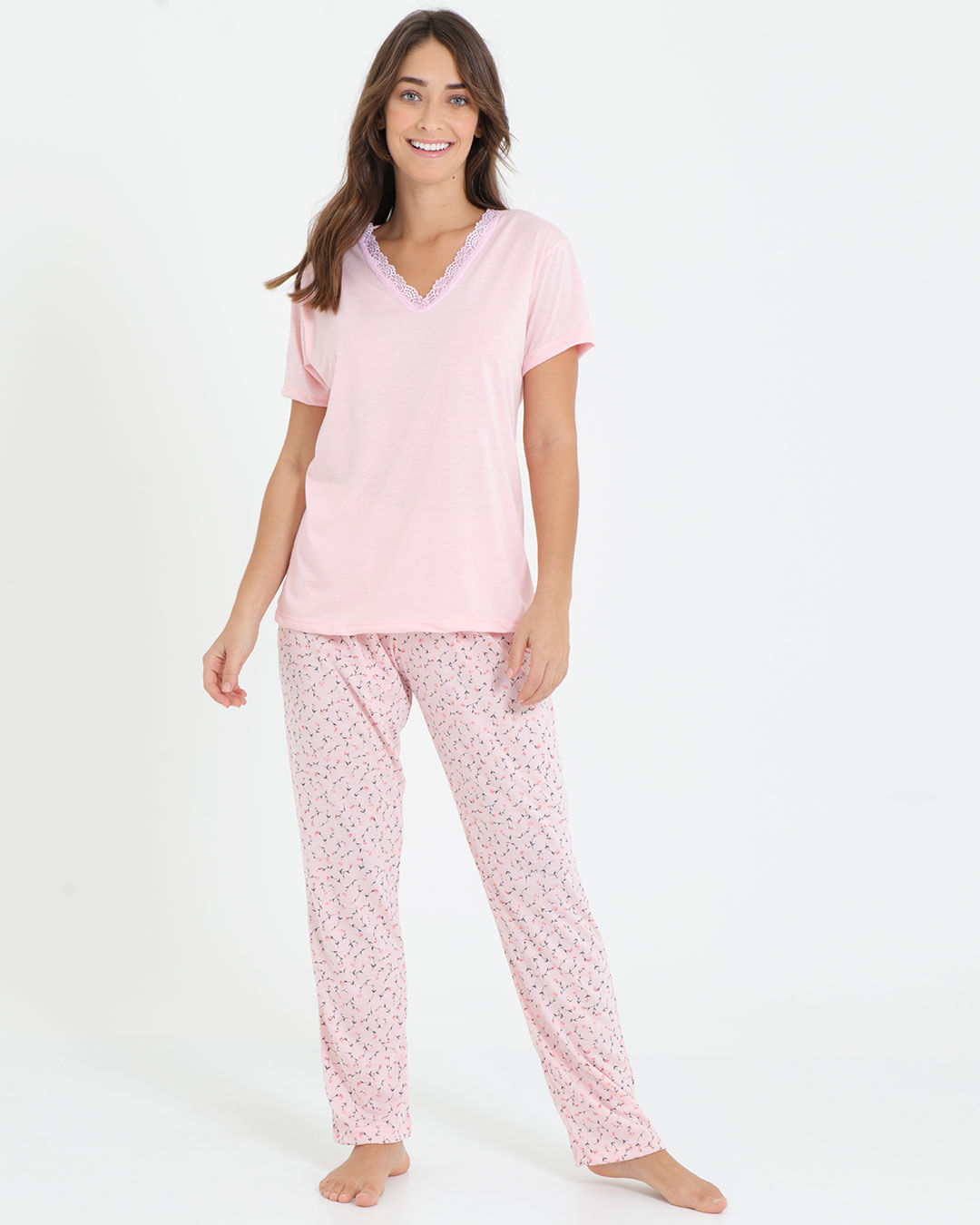 Pijama-Feminino-Manga-Curta-Renda-Rosa