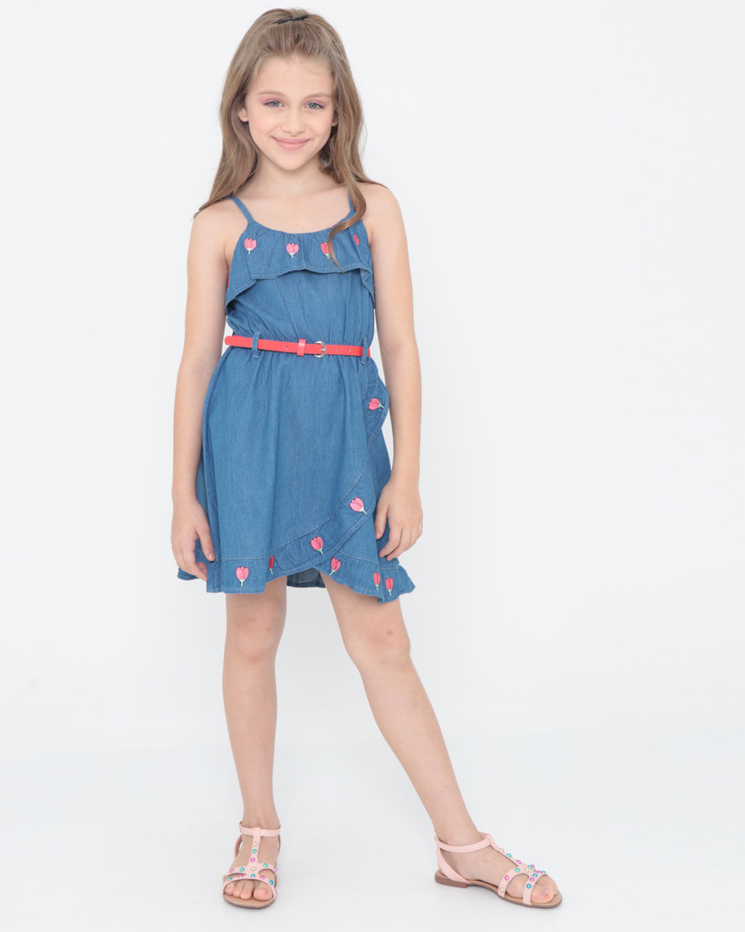 Vestido-Infantil-Jeans-Bordados-Com-Cinto-Azul