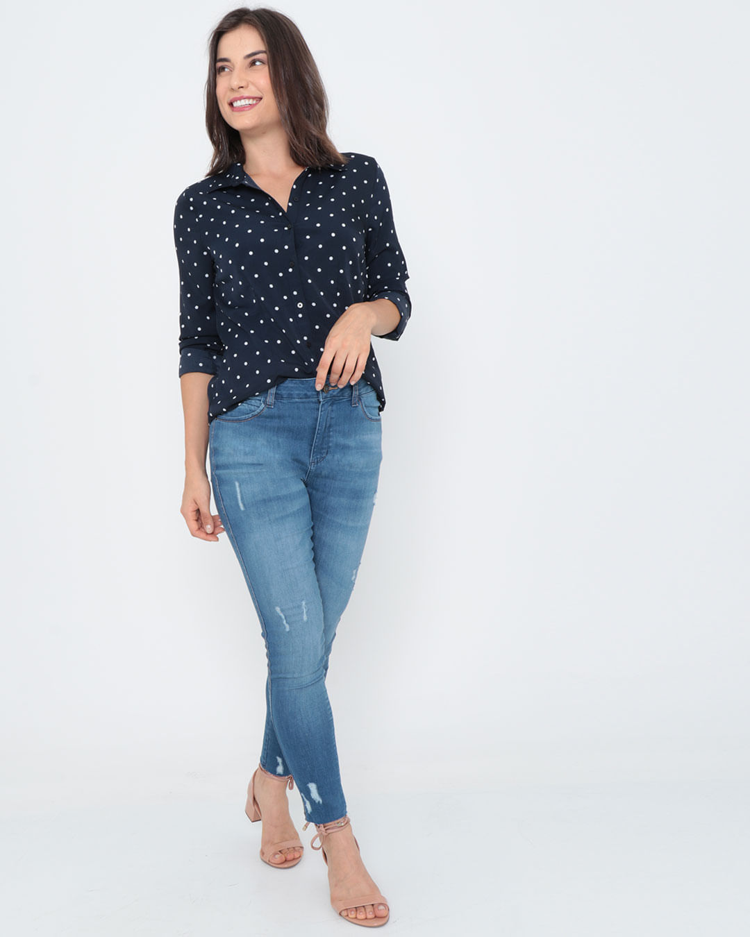 Camisa-Feminina-Crepe-Poa-Azul-Marinho