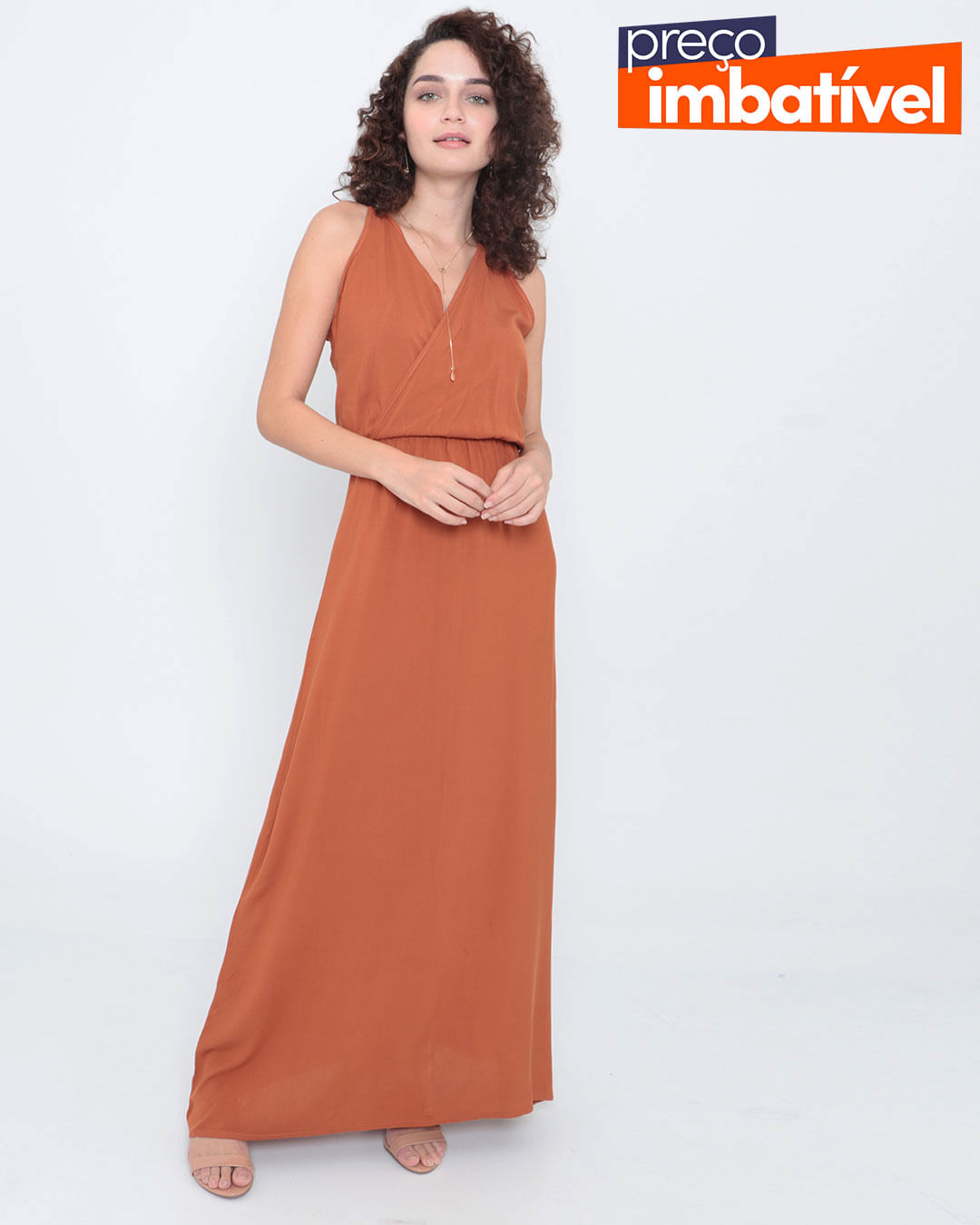 Vestido-Longo-Liso-Decote-V-Marrom