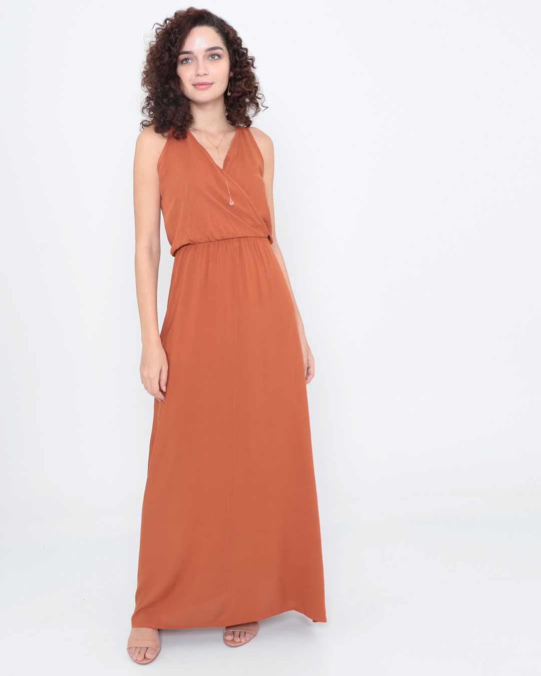 Vestido-Longo-Liso-Decote-V-Marrom