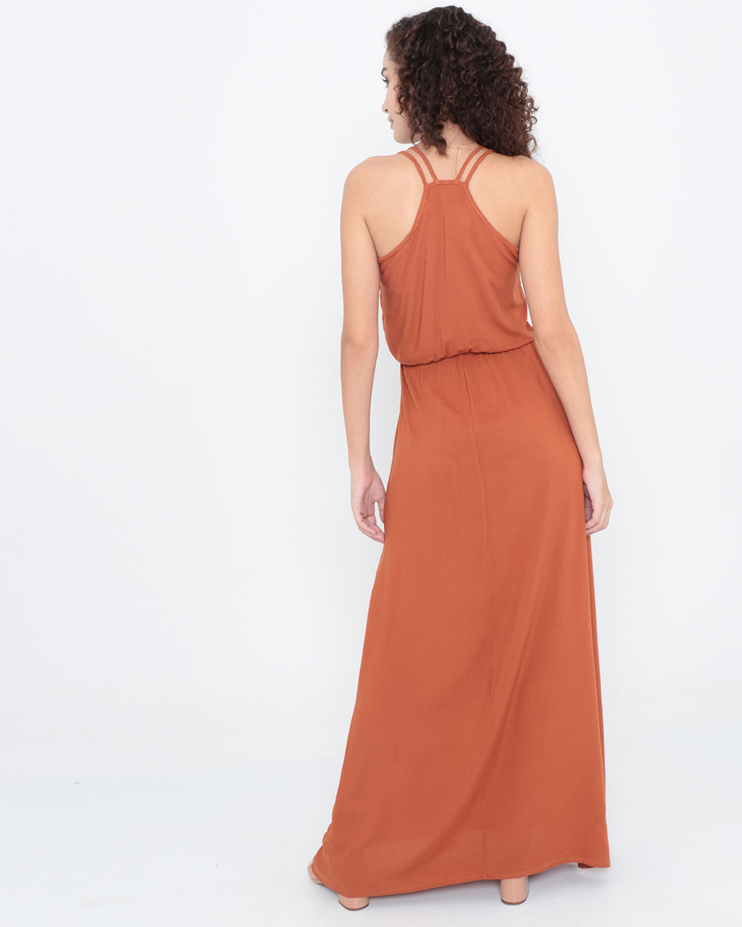 Vestido-Longo-Liso-Decote-V-Marrom