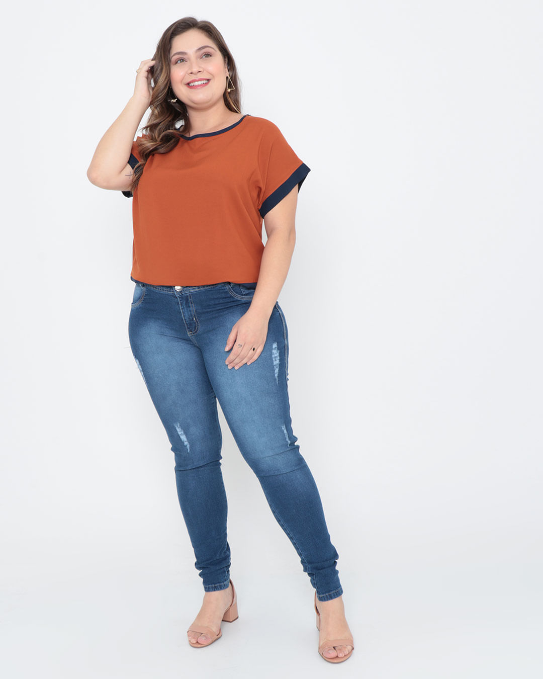 Blusa-Plus-Size-Manga-Curta-Recorte-Azul-Marinho