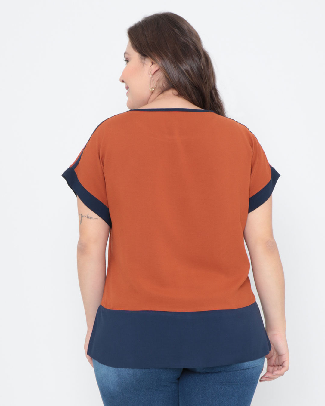 Blusa-Plus-Size-Manga-Curta-Recorte-Azul-Marinho