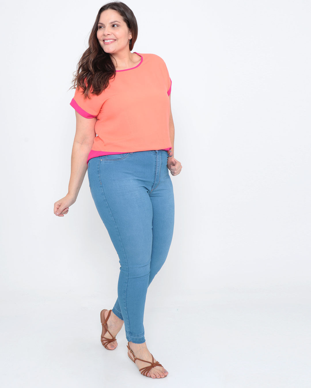 Blusa-Plus-Size-Manga-Curta-Recorte-Laranja