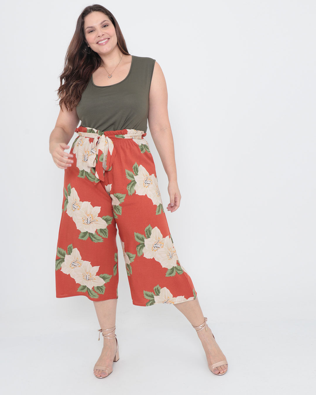Calca-Feminina-Pantacourt-Plus-Size--Floral-Laranja