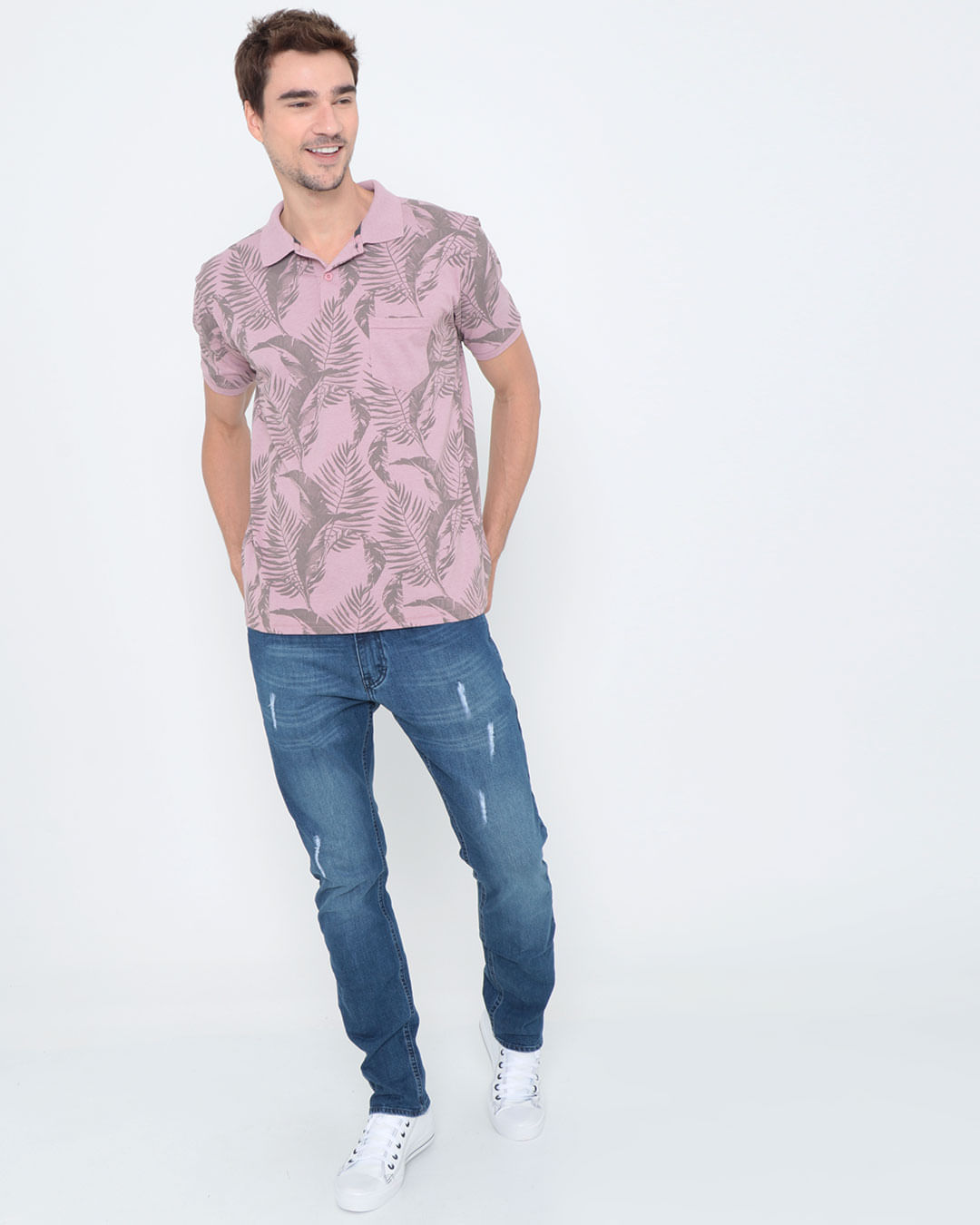 Polo-Masculina-Estampa-Floral-Rosa-Claro