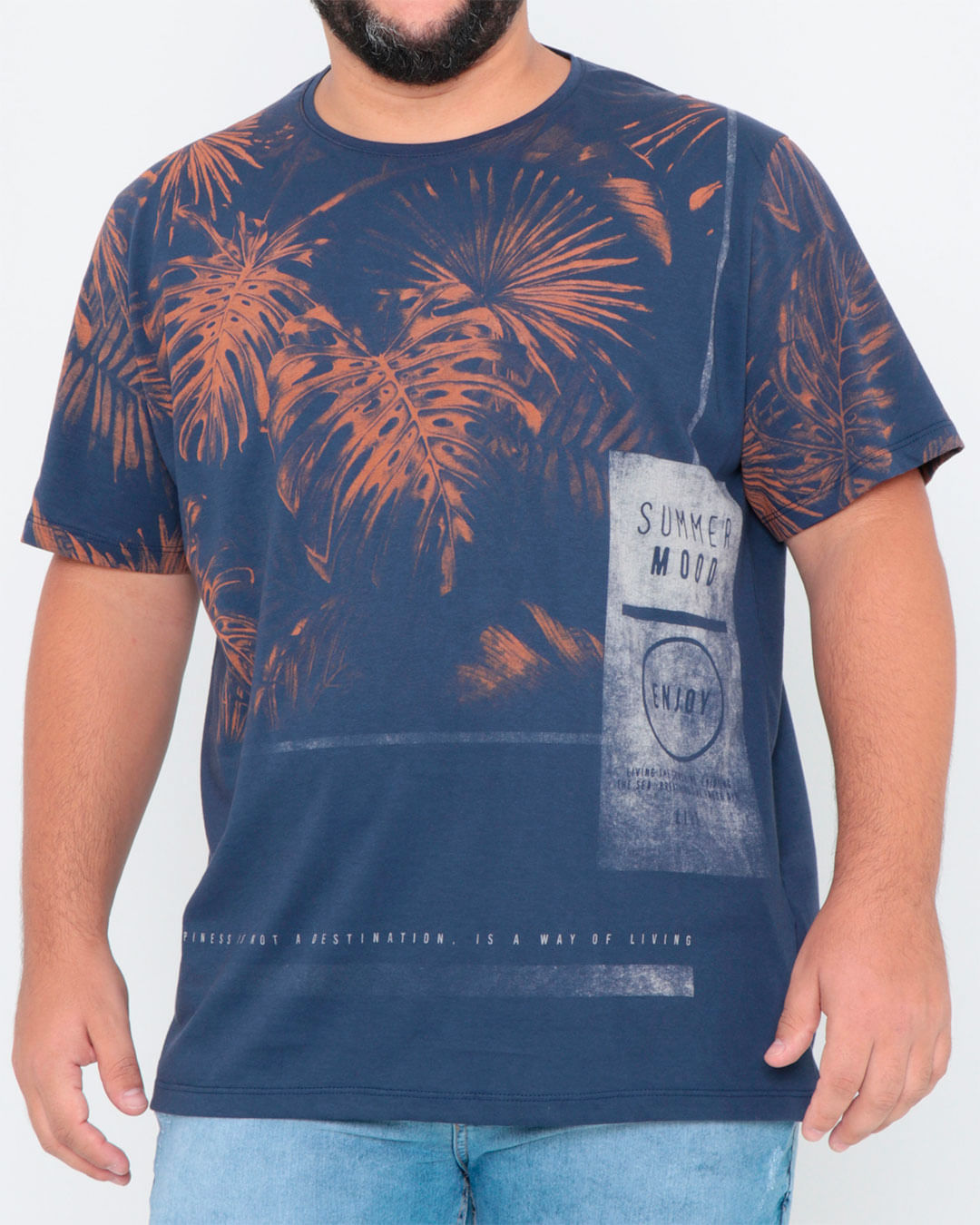 Camiseta-Plus-Size--Estampa-Folhas-Azul-Marinho