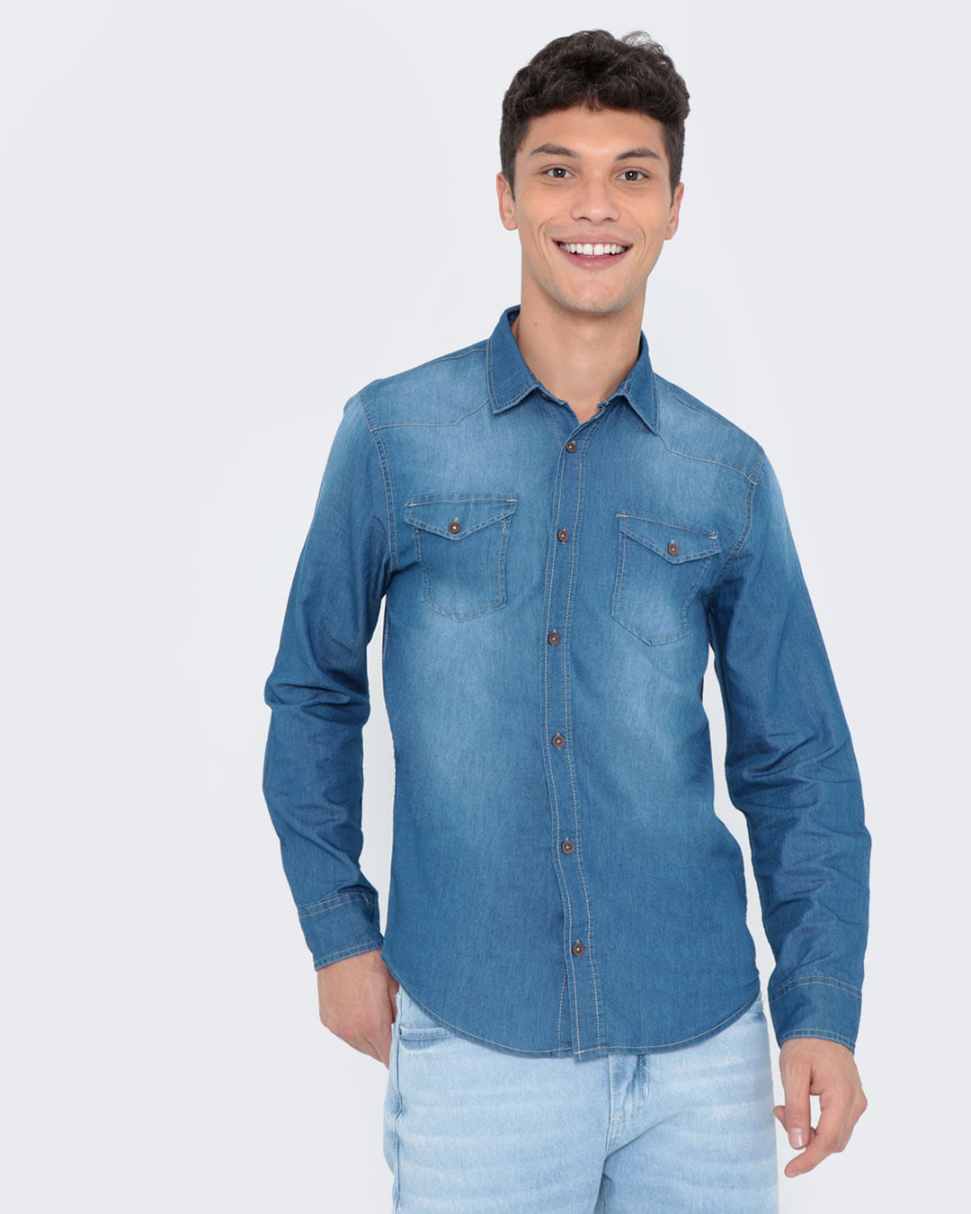 Camisa-Jeans-Masculina-Manga-Longa-Azul