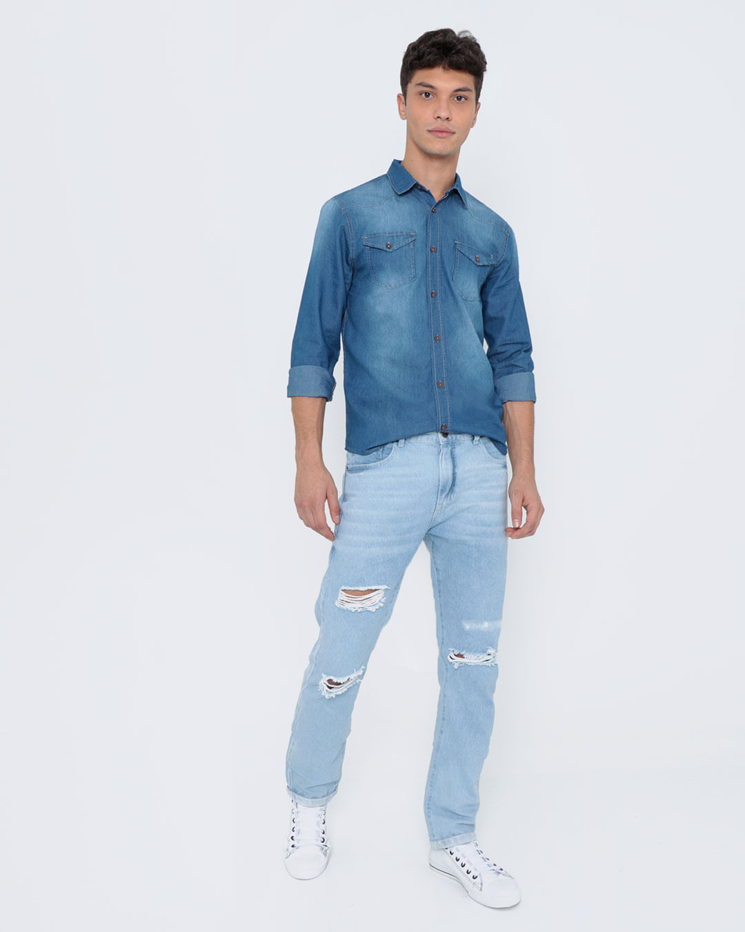 Camisa-Jeans-Masculina-Manga-Longa-Azul