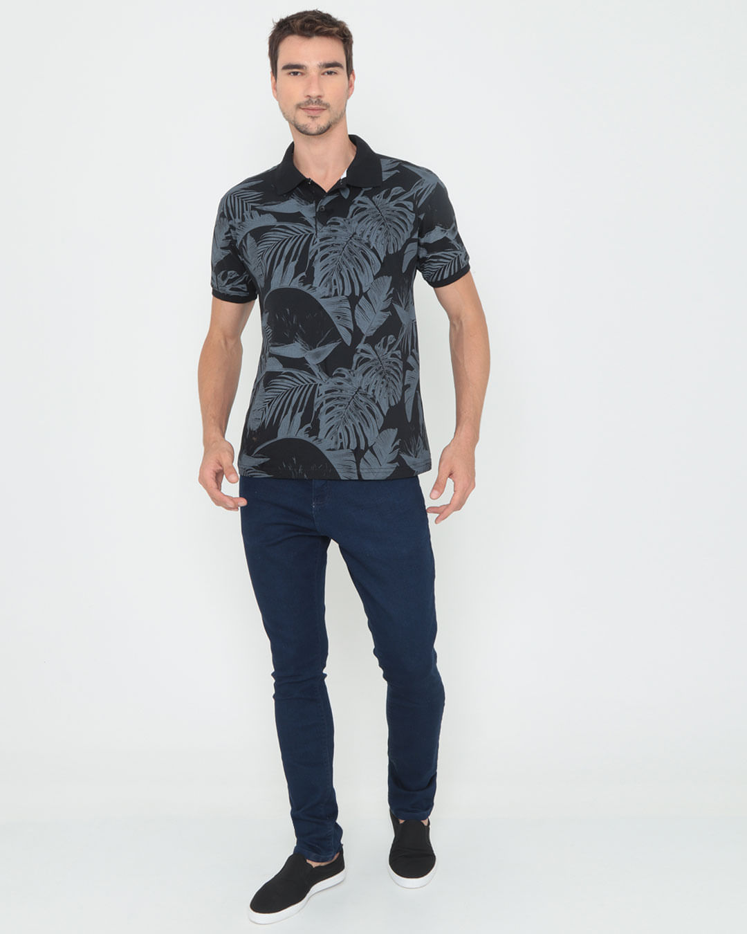 Polo-Masculina-Floral-Preta