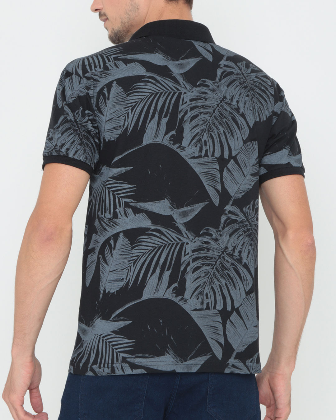 Polo-Masculina-Floral-Preta